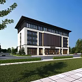 Modern Office Building Front View With White And Dark Exterior And Landscaped Surroundings