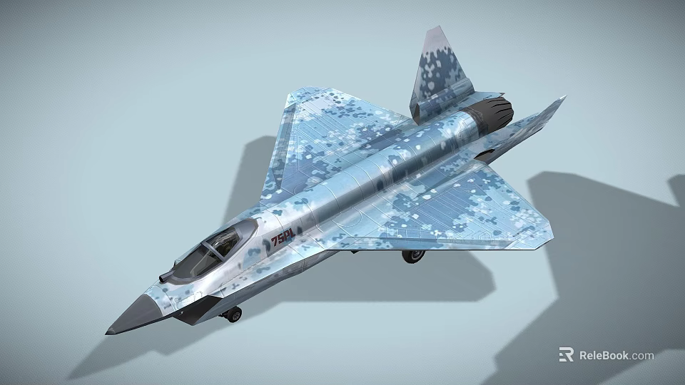 Modern Fighter Jet with Blue Camouflage Paint Sleek Stealth Design and Detailed Profile View 3d model 