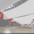 Modern Railway Station Exterior With Red And White Wavy Roof And Plaza Steps
