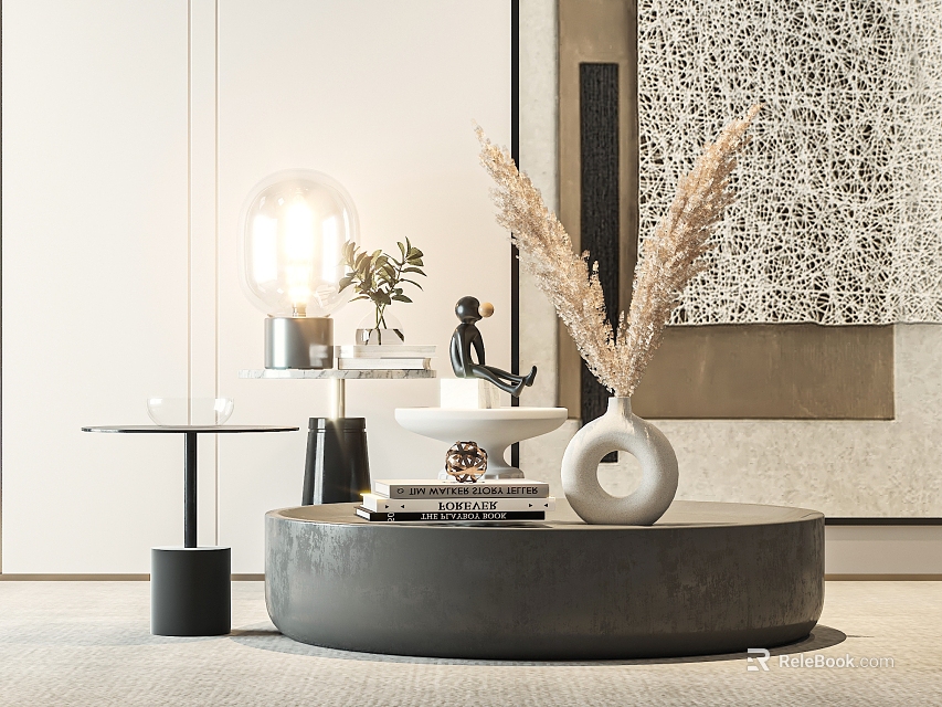 Modern Round Gray Coffee Table With Dried Pampas Grass Vase Small Sculpture And Stacked Books 3d model 