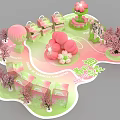 Spring Themed Floral Installation with Pink Blossom Trees Balloons and Gift Boxes