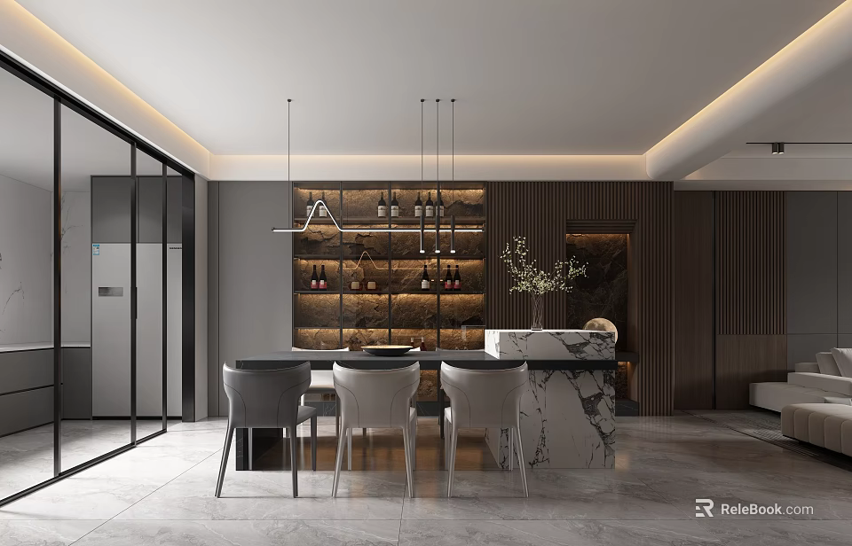 Modern Restaurant Interior Design With Marble Island Counter Pendant Lights And Grey Chairs 3d model 