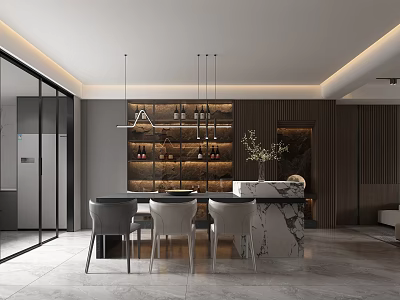 Modern Restaurant Interior Design With Marble Island Counter Pendant Lights And Grey Chairs 3d model