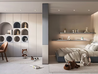Kids Room Design With Stuffed Toys Bed Round Hole Cabinets Chair Shelves And Soft Lighting 3d model