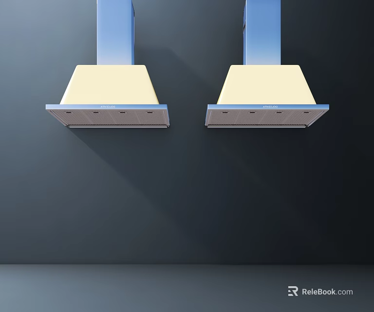 Two Hanging Kitchen Range Hoods With Blue Brackets And White Panels On Dark Wall 3d model 