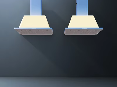 Two Hanging Kitchen Range Hoods With Blue Brackets And White Panels On Dark Wall 3d model
