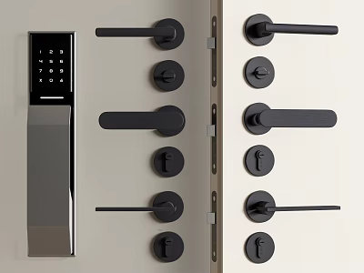 Black Metal Door Handles with Electronic Keypad Lock and Various Modern Designs on 3d model