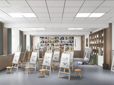 School Art Classroom with Easels Stools Artworks on Wall and Sculptures 3d model