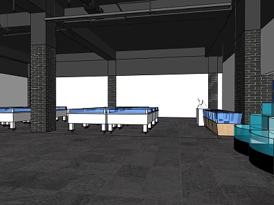 Spacious Supermarket Department Store With White Display Tables Blue Countertops And Black Flooring 3d model
