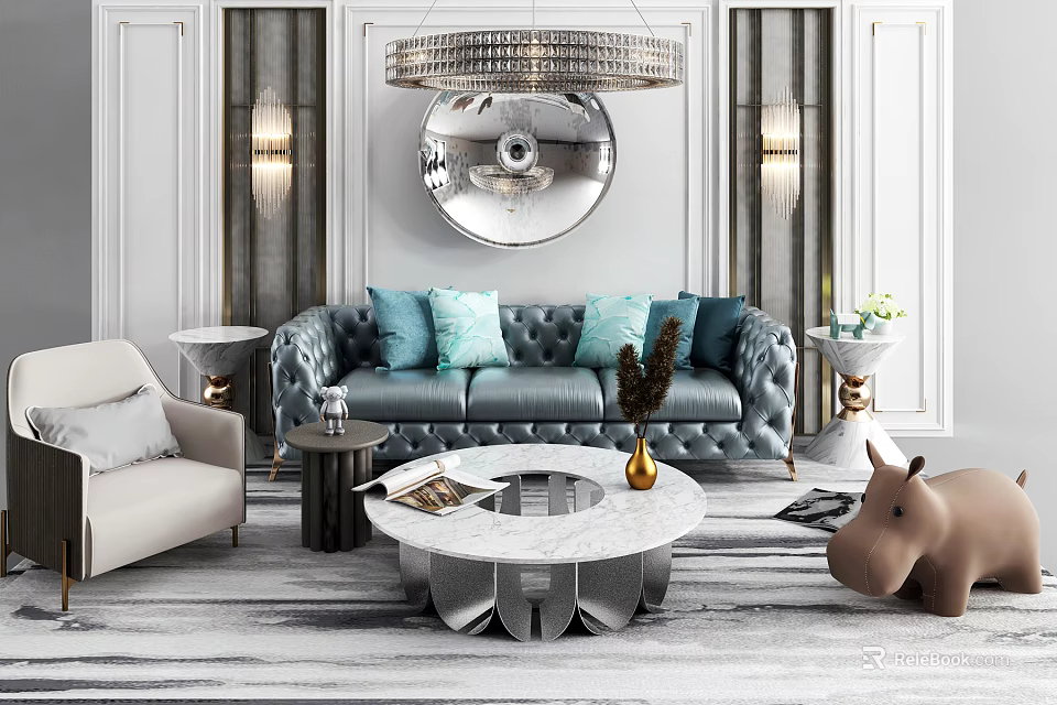 Elegant Blue Sofa Coffee Table Set With Marble Top Pillows Vase And Decorative Mirror 3d model 