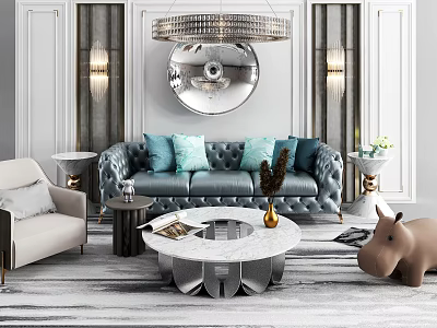 Elegant Blue Sofa Coffee Table Set With Marble Top Pillows Vase And Decorative Mirror 3d model