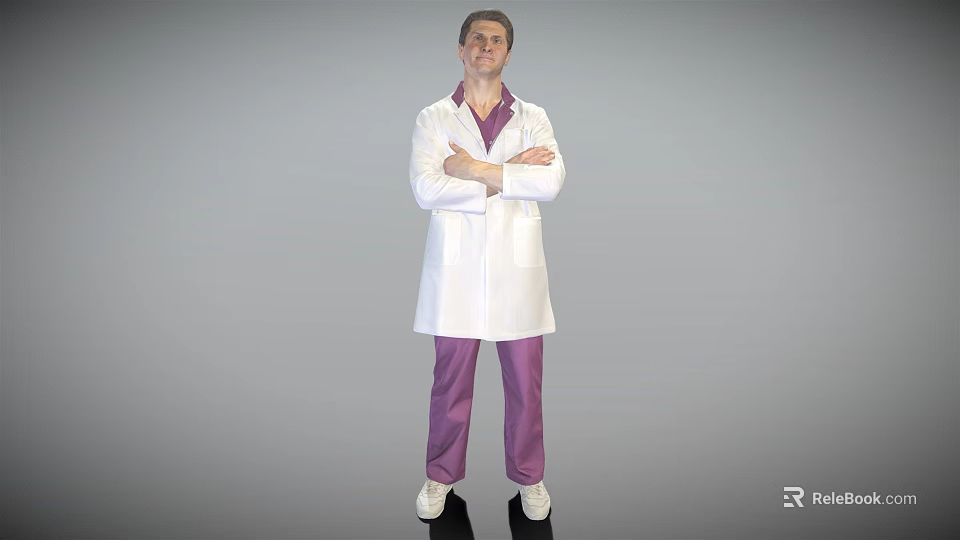 Man in White Lab Coat and Purple Pants Standing with Arms Crossed Against Gray Background 3d model 