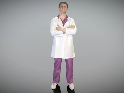 Man in White Lab Coat and Purple Pants Standing with Arms Crossed Against Gray Background 3d model