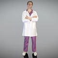 Man in White Lab Coat and Purple Pants Standing with Arms Crossed Against Gray Background