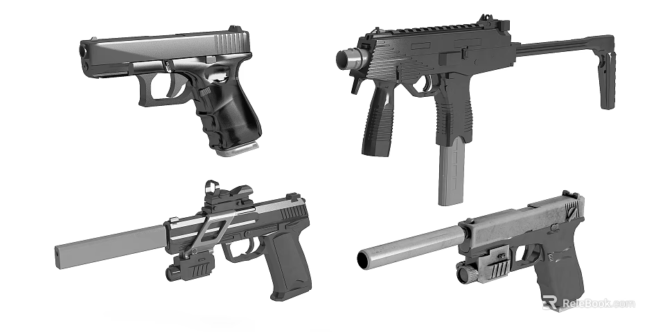 Various Types of Firearms Weapons With Pistol Rifle And Submachine Gun Designs 3d model 