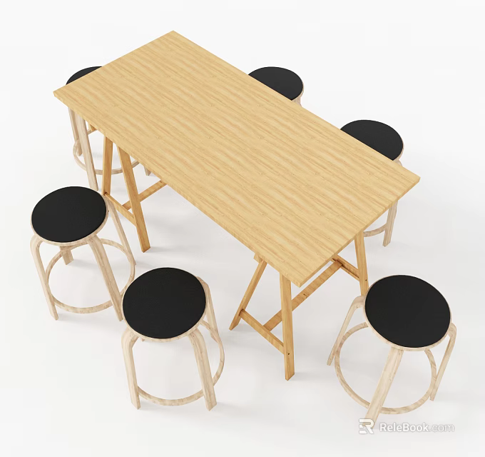 Wooden Rectangular Dining Table Set With Six Black Cushioned Stools And Light Wood Legs 3d model