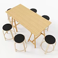 Wooden Rectangular Dining Table Set With Six Black Cushioned Stools And Light Wood Legs 3d model