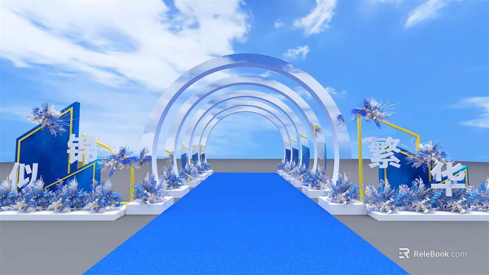 Elegant Event Entrance With Blue Carpet Arched Gates And Floral Decorations 3d model 