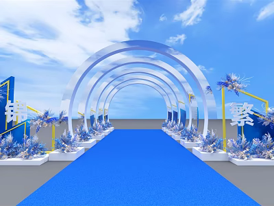 Elegant Event Entrance With Blue Carpet Arched Gates And Floral Decorations 3d model