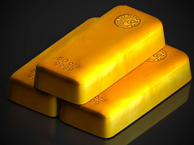 Decorative Ornament Set Of Stacked Golden Bars With Shiny Glossy Surface And Emblem Design 3d model