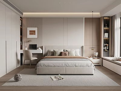 Modern Bedroom Interior With Large Bed Artwork Above Headboard Built-in Wardrobe Desk And Chair Rug 3d model
