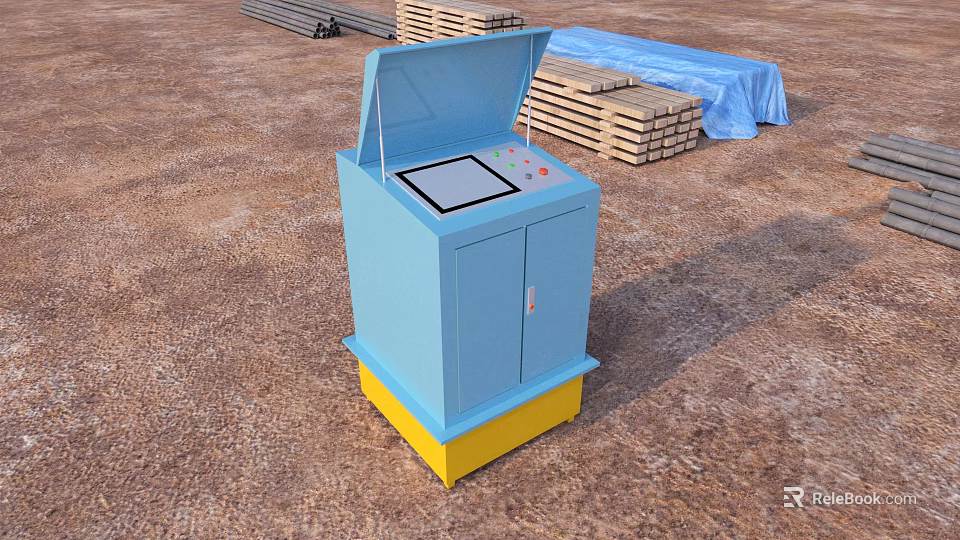 Outdoor Public Facility With Blue Body Yellow Base Screen And Control Panel 3d model