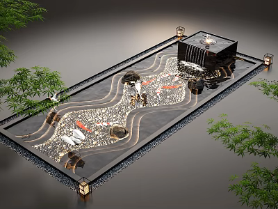 Outdoor Water Fountain Landscape With Flowing Water Koi Fish Stones And Lanterns 3d model