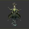 Game Movie Character With Horned Headdress Green Yellow Robe Flowing Posture Blue Mist Effect