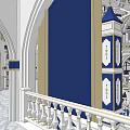 Religious Faith Interior With Grand Chandelier Two Story Design Blue Banners And Arched Windows
