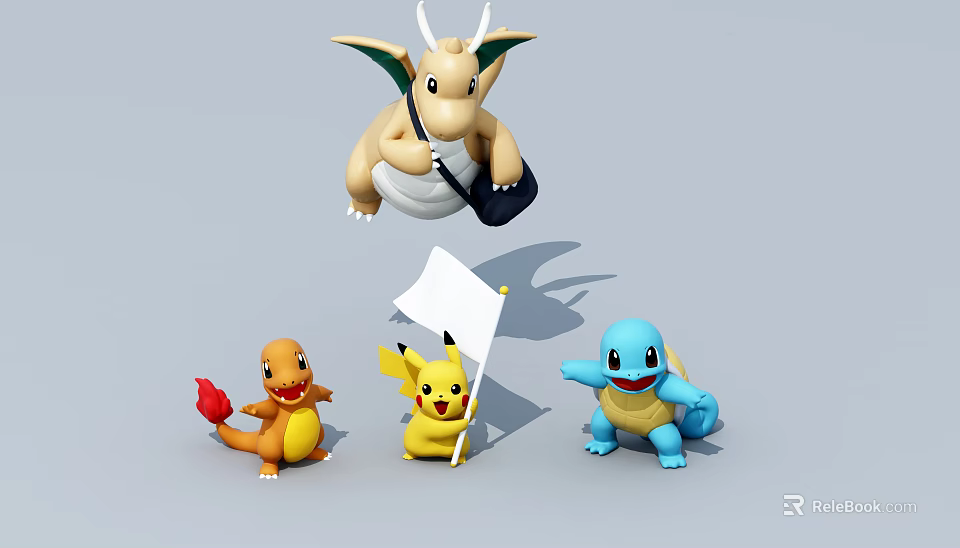 Pokémon Game Characters Charizard Flying Charmander Pikachu Holding White Flag And Squirtle 3d model 