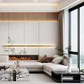 Modern Living Room Interior With Large Sofa Marble Coffee Table And Floor to Ceiling Windows