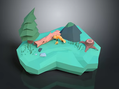 Cartoon Forest Scenery with Orange Fox Green Tree Small Cabin Fallen Log and Stump 3d model