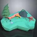 Cartoon Forest Scenery with Orange Fox Green Tree Small Cabin Fallen Log and Stump