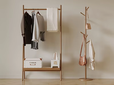 Minimalist Wooden Clothes Racks With Hanging Garments Bags And Shelf Storage 3d model