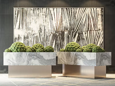 Green Spherical Potted Plants In Marble Planters With Modern Background Wall 3d model