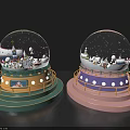 Decorative Ornament Set Of Snow Globes With Colorful Bases Lights And Snow Scenes