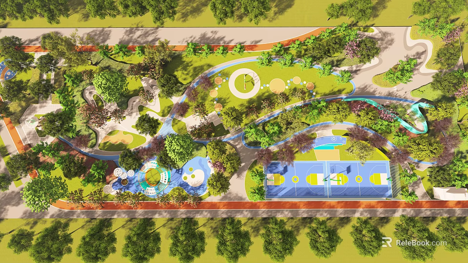Lush Park Landscape With Curved Paths Basketball Court Water Features Green Trees And Open Lawns 3d model 