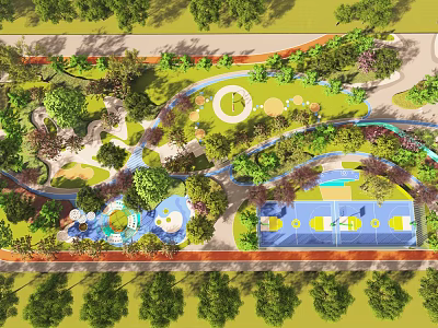 Lush Park Landscape With Curved Paths Basketball Court Water Features Green Trees And Open Lawns 3d model