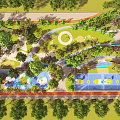Lush Park Landscape With Curved Paths Basketball Court Water Features Green Trees And Open Lawns