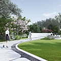 Modern Garden Landscape With Tall Trees White Walls Outdoor Seating And Paved Area