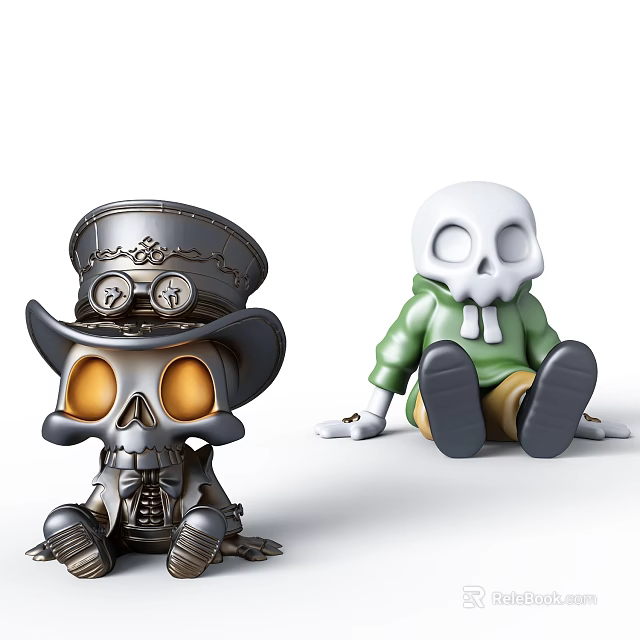 Steampunk Skull Doll With Goggles Hat Mechanical Body And White Skull Doll In Green Hoodie 3d model 