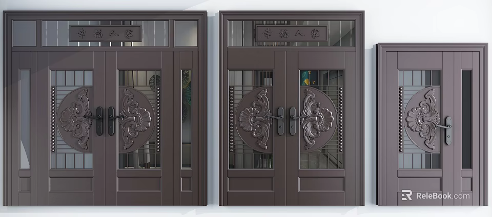 Traditional Chinese Style Dark Brown Front Doors With Carved Patterns And Glass Grilles 3d model 