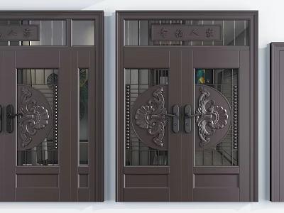 Traditional Chinese Style Dark Brown Front Doors With Carved Patterns And Glass Grilles 3d model