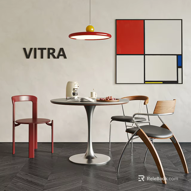 Modern Round Table And Red Wooden Chairs With Geometric Painting Pendant Light And VITRA Sign 3d model 