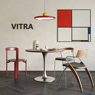 Modern Round Table And Red Wooden Chairs With Geometric Painting Pendant Light And VITRA Sign 3d model