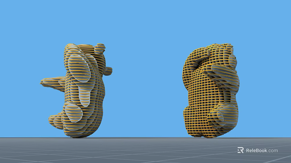 Two Abstract Yellow Sculptures with Grid like Structure and Intricate Design Details 3d model 