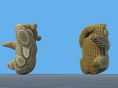 Two Abstract Yellow Sculptures with Grid like Structure and Intricate Design Details 3d model