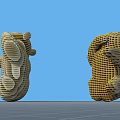 Two Abstract Yellow Sculptures with Grid like Structure and Intricate Design Details 3d model