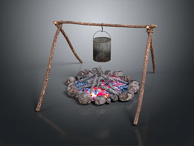 Garden Ornament With Branch Stand Hanging Iron Bucket Stone Fire Pit And Colorful Flames 3d model