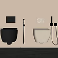 Modern Wall Mounted Black And White Toilets With Control Panels And Bidet Sprays In Light Colored Bathroom